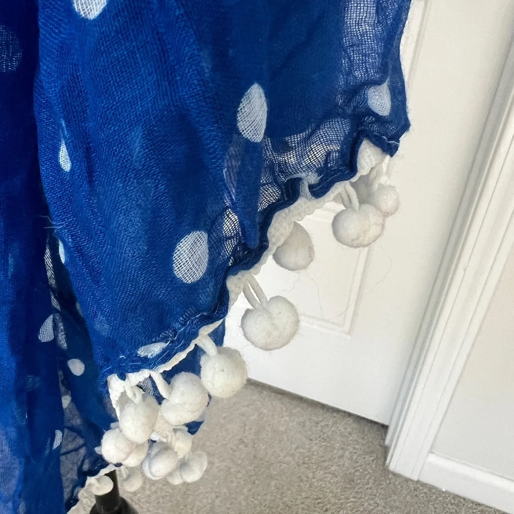 Blue Polka Dot Scarf 70x38” White Bobble Trim Cotton Blend